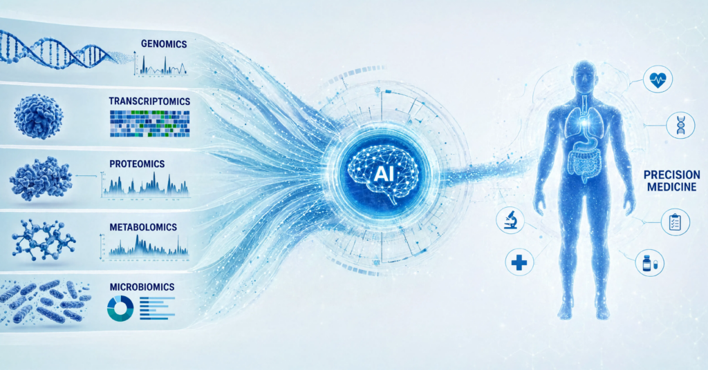 Illustration of AI-enabled multi-OMICs integration connecting genomics, proteomics, bioinformatics and precision medicine through advanced data analysis.