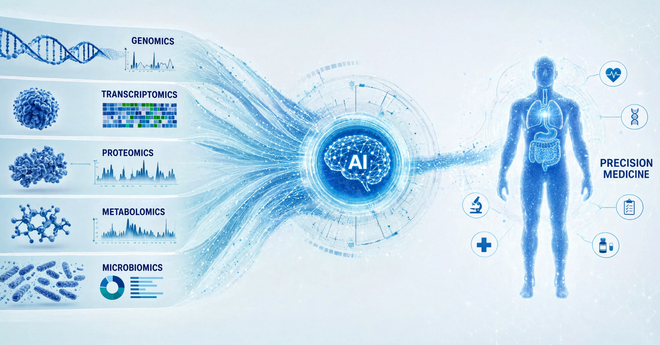 Illustration of AI-enabled multi-OMICs integration connecting genomics, proteomics, bioinformatics and precision medicine through advanced data analysis.