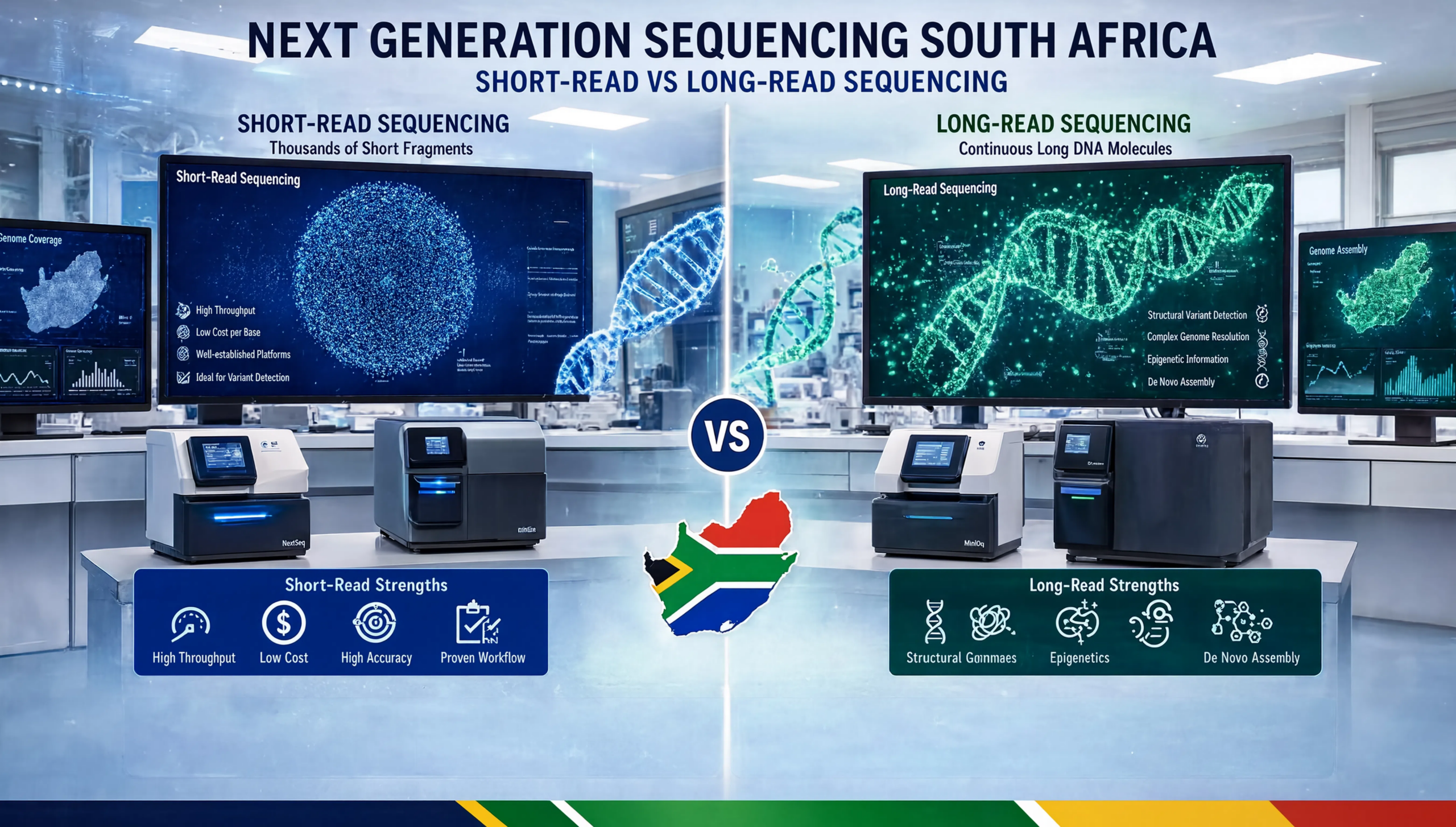 Next Generation Sequencing South Africa showing short-read and long-read sequencing technologies used by CPGR for advanced genomics research